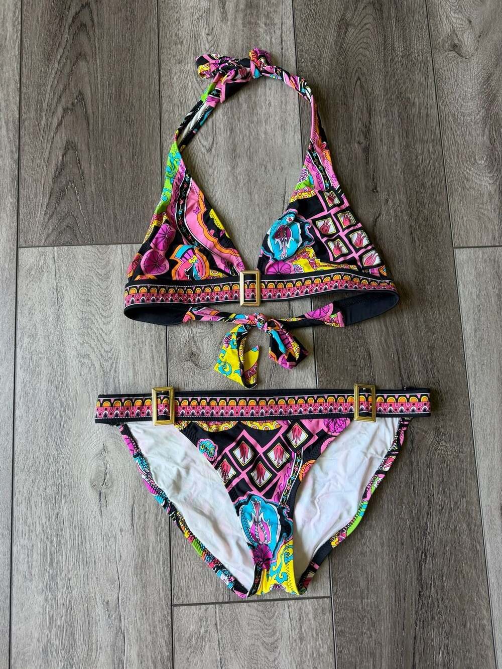 Trina Turk ColofulGeometric Halter Bikini Swimsuit Set Size 6 Top-Bottom 8